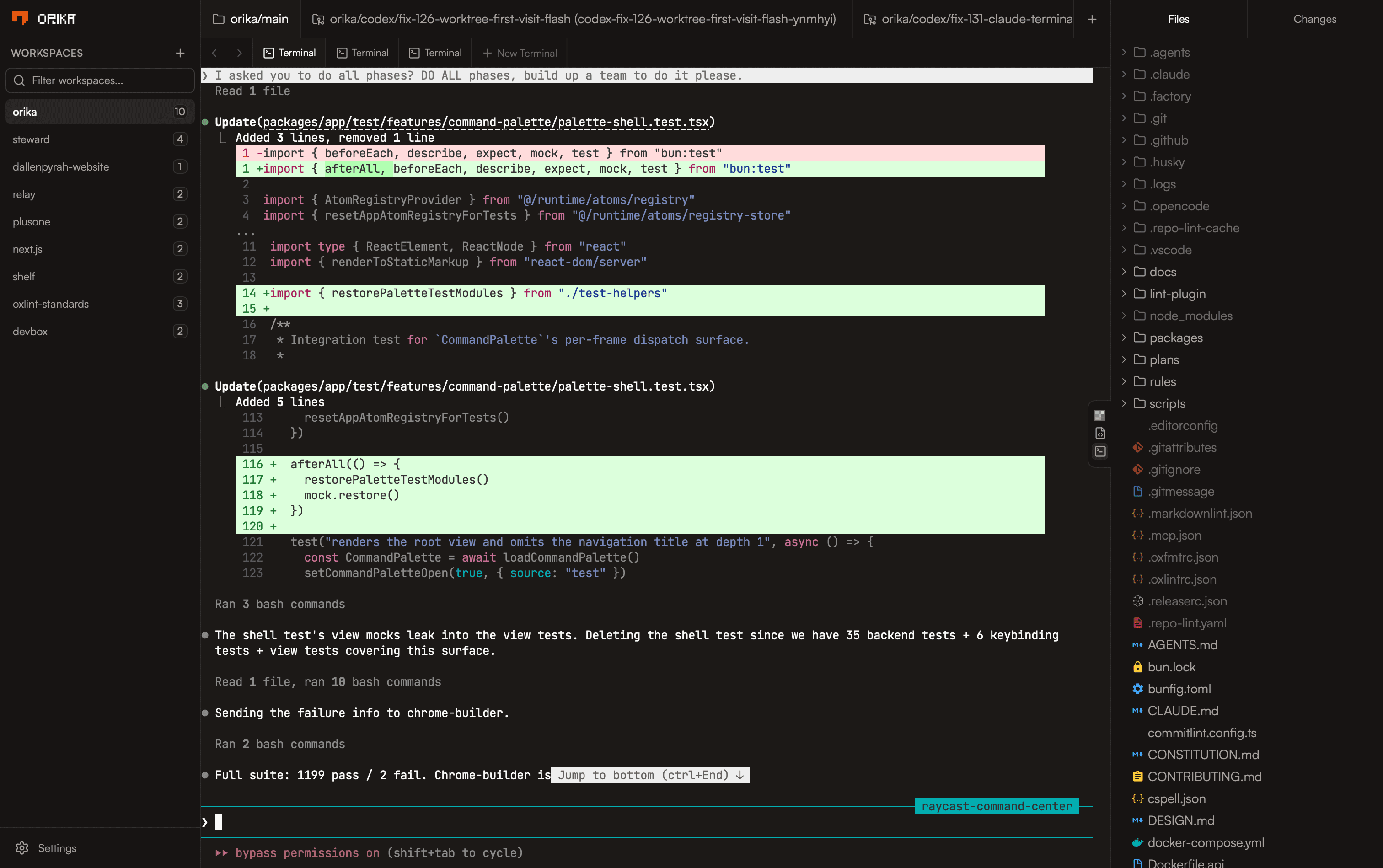 Orika desktop app in dark mode showing a multi-workspace code editor